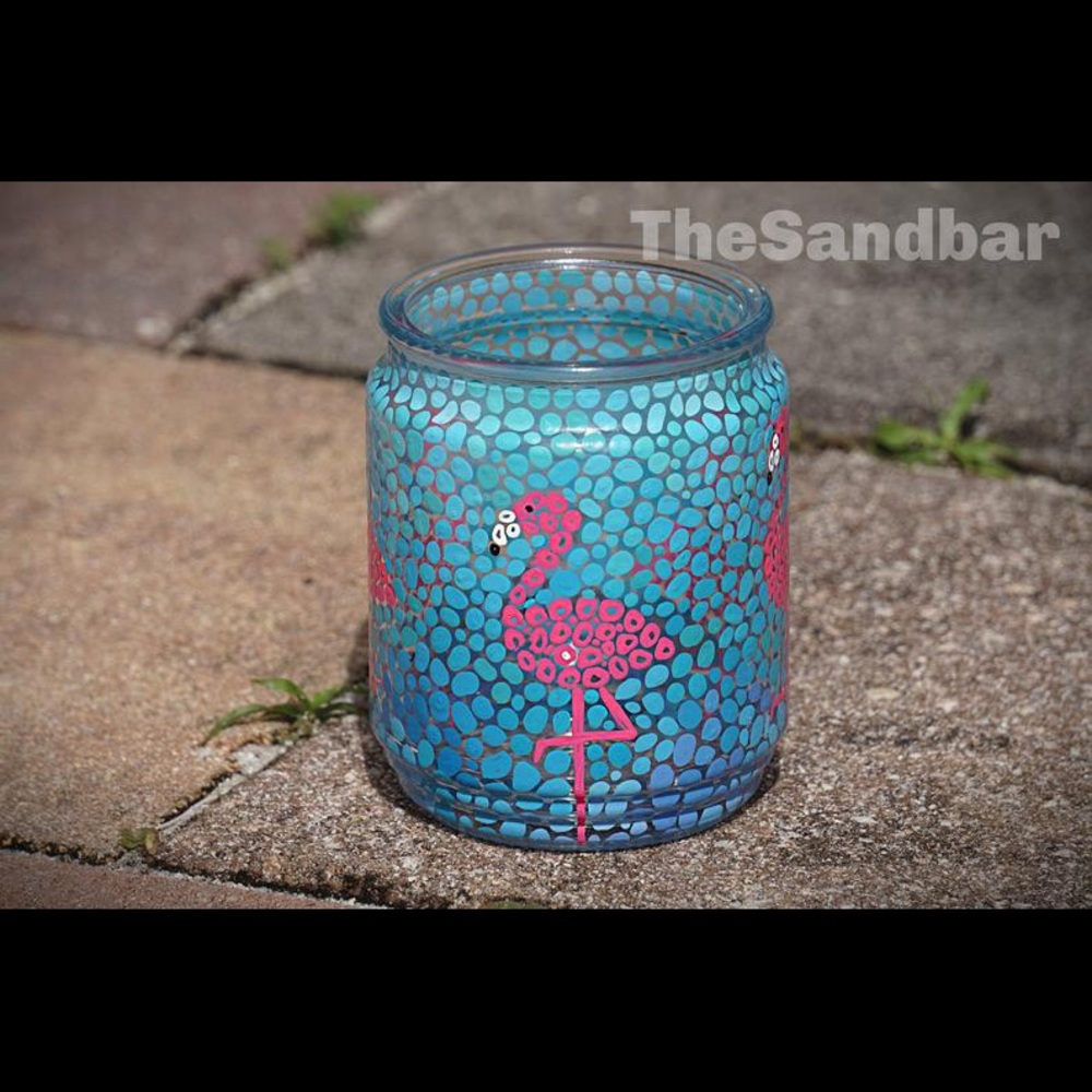 Handpainted Flamingo Glass Dot Art Tropical Desk Organizer Brush Holder Pink